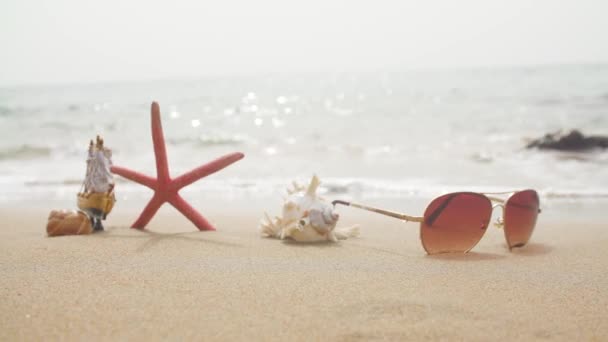 Increíble Playa Con Gafas Sol Juguete Barco Mar Conchas — Vídeos de Stock