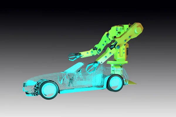 3D Illustration of a Car assembly by industrial robot