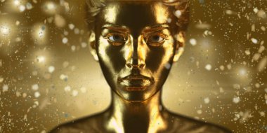 Altın makyaj - moda portre altın deri ve parlak arka planda Işıltılı