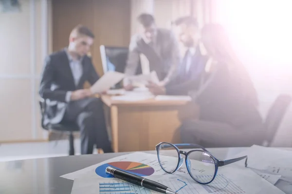 Business Concept Business People Discussing Financial Chart Dollars Focus Glasses — Stock Photo, Image