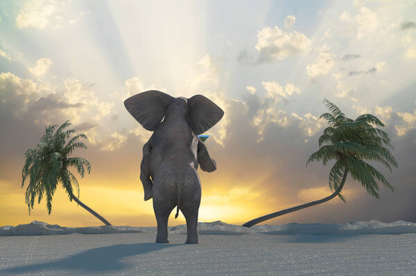 funny elephant resting at the resort on the beach render 3D