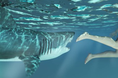 açık ağızile kızgın köpekbalığı denizde resif dışarı atlar 3d render