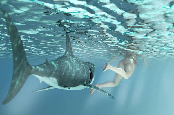 Tiburón Ataca Hombre Agua Rendering — Foto de Stock