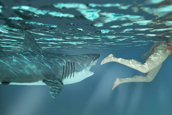 angry shark with open mouth jumps out of the reef in the sea render 3D