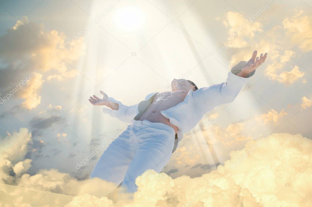 Soul Ascension. Ghost of a man taken up into heaven. Afterlife, meditation and dream concept 3d render