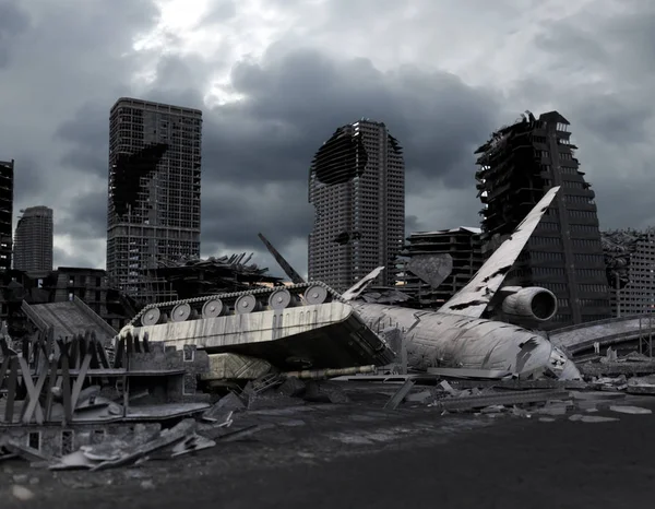 Vista Ciudad Post Apocalíptica Destruida Render —  Fotos de Stock