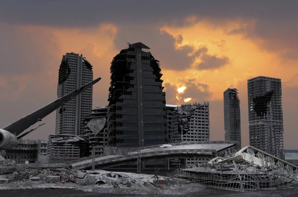 Vista Cidade Pós Apocalíptica Destruída Render — Fotografia de Stock