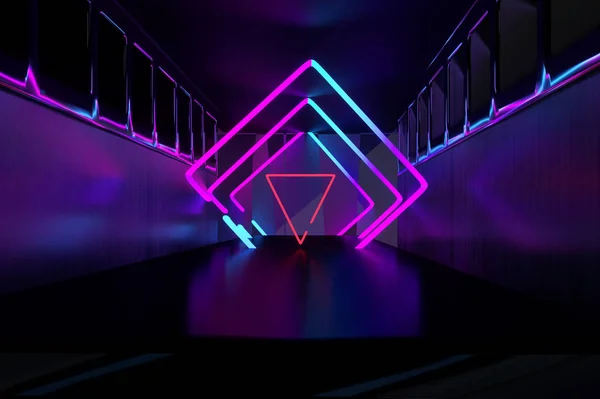 Abstract Background Square Portal Glowing Lines Tunnel Neon Lights — Stock Photo, Image