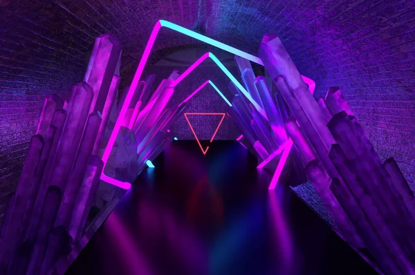 Sfondo Astratto Portale Quadrato Linee Luminose Luci Neon Tunnel — Foto Stock
