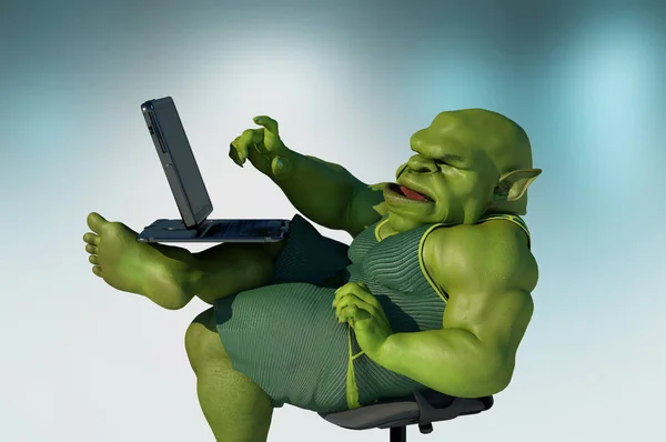 Fat Internet Troll Using Laptop Render — Stock Photo, Image