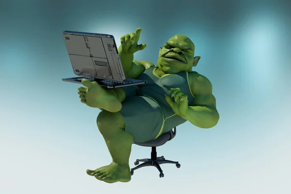 Fat internet troll using a laptop render 3d