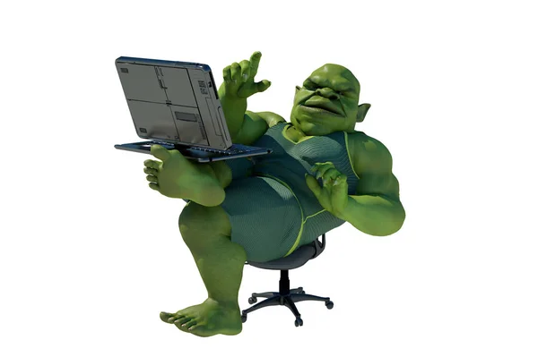 Fat Internet Troll Met Behulp Van Een Laptop Renderen — Stockfoto