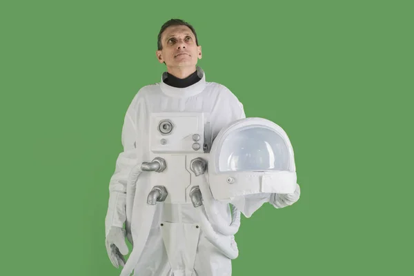 Astronauta Sosteniendo Casco Traje Espacial Sonriendo — Foto de Stock