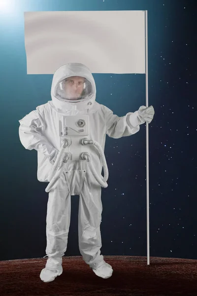 Astronaut Flag Empty White Banner Hand — Stock Photo, Image