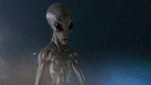 Серый Инопланетянин Темном Фоне Рендеринг — стоковое видео
