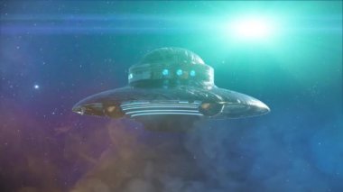 ufo karanlık arka plan üzerinde uçan. 3d render