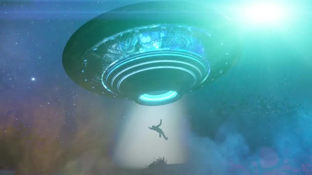 Man Och Flyter Till Insidan Ufo Främmande Skepp Begreppet Alien — Stockvideo