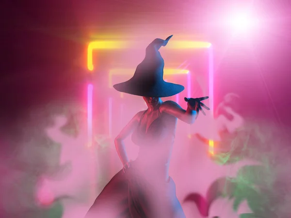 Halloween Witch Neon Światła Szeroki Halloween Party Art Design Renderowanie — Zdjęcie stockowe
