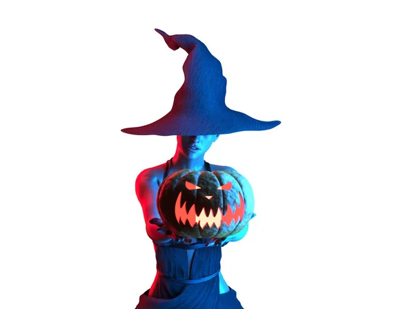 Bruja Halloween Con Luces Neón Diseño Arte Fiesta Halloween Amplia —  Fotos de Stock