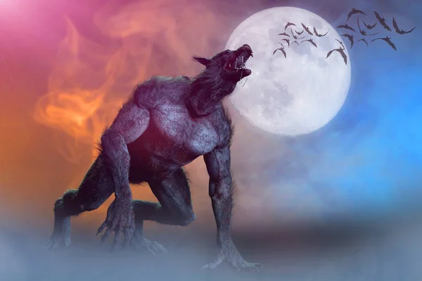 Loup Garou Sur Fond Halloween Rendu — Photo