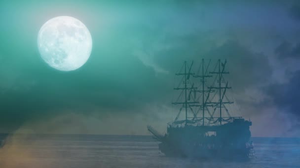 Old Pirate Ship Sailing Night Sea — Stock Video