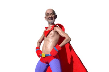 Eski tarz çizgi roman süper kahraman yaşlı adamın gösterdiği güç kuvveti toon tarzı 3D canlandırma