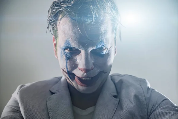Halloween Theme Crazy Joker Face Man Mime Makeup Cosplay — Stock Photo, Image
