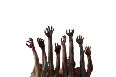 Cadılar Bayramı temalı esnemiş zombi elleri kalabalığı, 3D oluşturun
