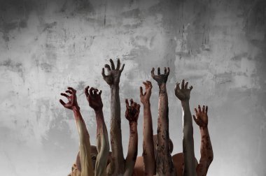 Cadılar Bayramı temalı esnemiş zombi elleri kalabalığı, 3D oluşturun