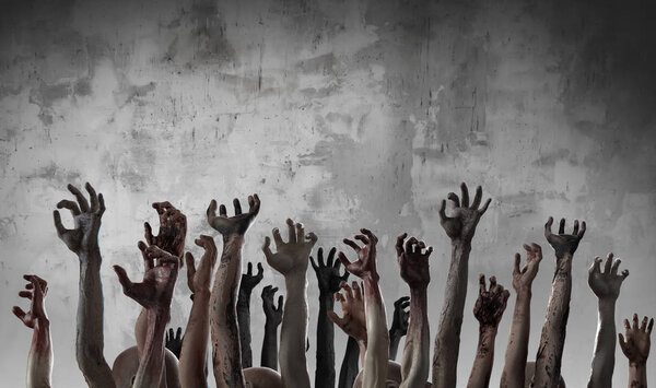 crowd of stretched zombie hands halloween theme, render 3D