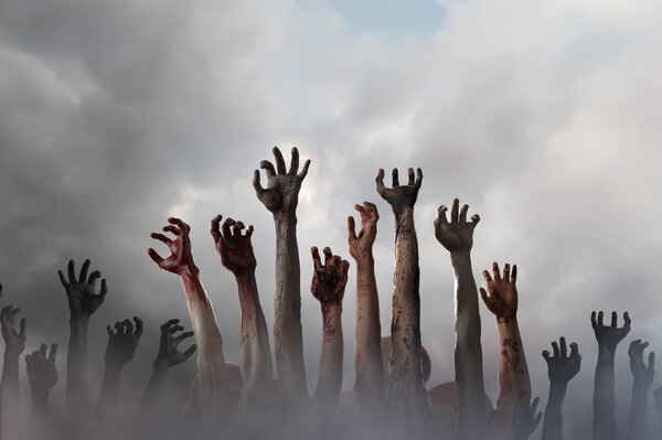 толпа протянутых рук зомби Хэллоуин тема, рендеринг 3D
