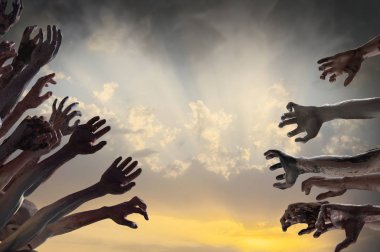 Cadılar Bayramı temalı esnemiş zombi elleri kalabalığı, 3D oluşturun