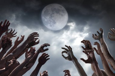 Cadılar Bayramı temalı esnemiş zombi elleri kalabalığı, 3D oluşturun