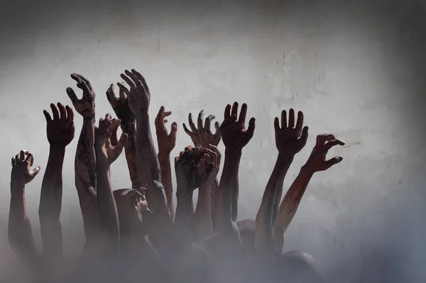 crowd of stretched zombie hands halloween theme, render 3D