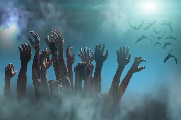 Tłum Wyciągnięte Ręce Zombie Halloween Tematu Renderować — Zdjęcie stockowe