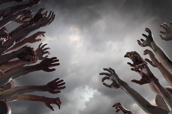 crowd of stretched zombie hands halloween theme, render 3D