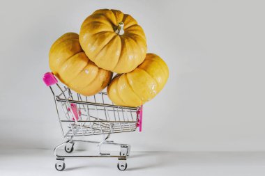 Bayram indirimleri ve sonbahar satışlarının sembolü olarak süpermarketten sepetli Cadılar Bayramı balkabakları.