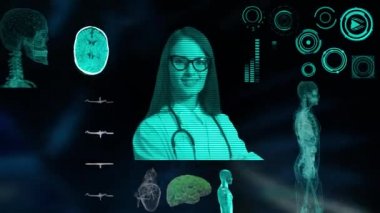 Tıbbi Arayüz, İnsan Erkek Anatomisi 'nin Fütüristik Dokunmatik Ekran Arayüzü' ndeki incelemesi kemik ve organları gösteriyor. Konsept: Bilgisayardaki doktorla çevrimiçi konsültasyonu kapat, kadın hemşireye danışmanlık yap, 3D görüntüleme