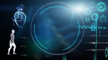 Tıbbi Arayüz, İnsan Erkek Anatomisi 'nin Fütüristik Dokunmatik Ekran Arayüzü' ndeki incelemesi kemik ve organları gösteriyor. Konsept: Tıbbın ve Sağlık Hizmetlerinin Yakın Geleceğinde 3D oluşturma