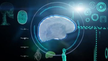 Tıbbi Arayüz, yüksek teknolojili bir ekranda bir beyin 3 boyutlu görüntülenir ve bir nöroloji bölümü için istatistiksel verilerle yaşamsal belirtileri gözlemlenir. 3 Boyutlu Hazırlama