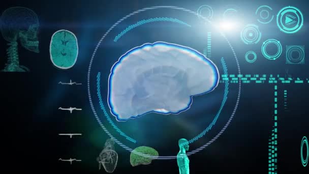 医学界面 一个高科技的屏幕用3D显示大脑 用神经科的统计数据监测大脑的重要信号 3D渲染 — 图库视频影像