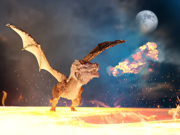 Dragón Fuego Respirando Enorme Llama Caliente Escena Fantasía Renderizado —  Fotos de Stock