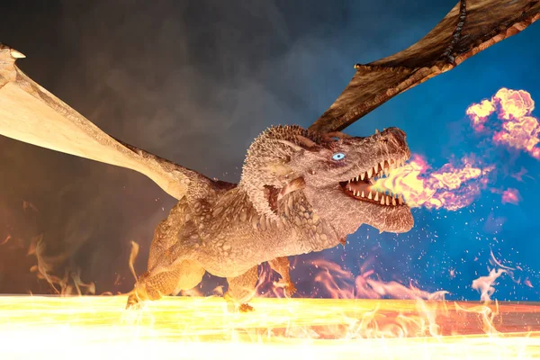 Fire Dragon Breathing Out Huge Hot Flame Fantasy Scene Rendering — Stock Photo, Image