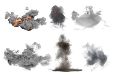 Ateşli siyah duman, kara sis bulutları. Endüstriyel duman, hava kirliliği izole edilmiş arka plan, gerçekçi 3D görüntüleme seti