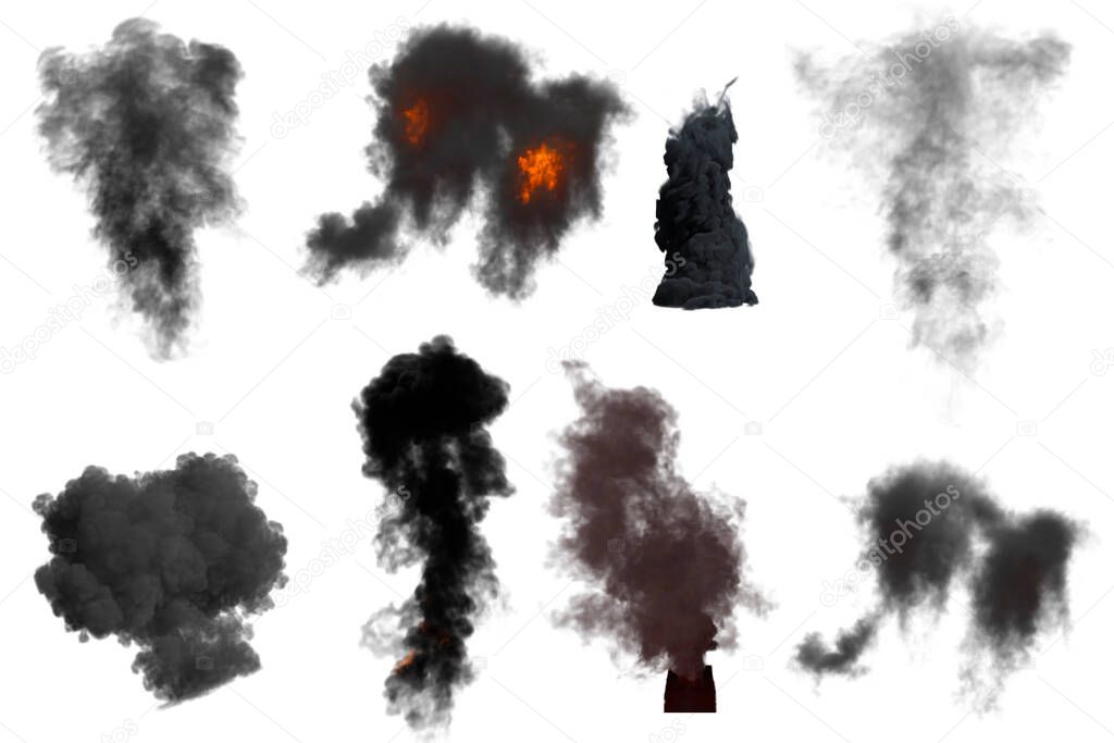Black smoke with fire, dark fog clouds. Industrial smog, air pollution isolated background, Realistic 3d render set