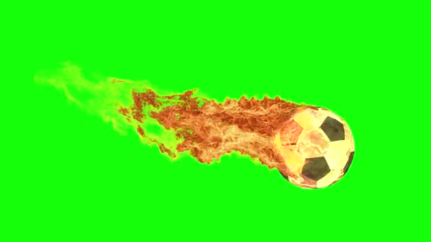 Burning Soccer Ball Slowly Flying Green Background Render Animation — Stock Video