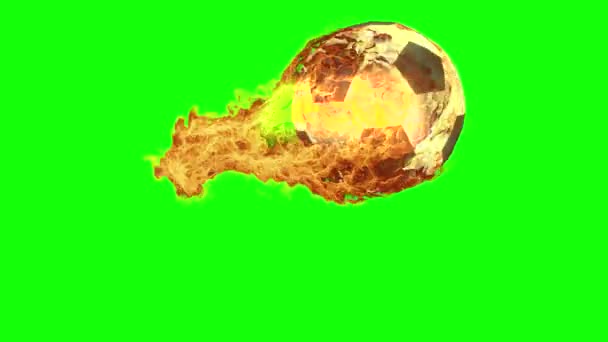 Queimando Bola Futebol Está Voando Lentamente Fundo Verde Renderizar Animação — Vídeo de Stock
