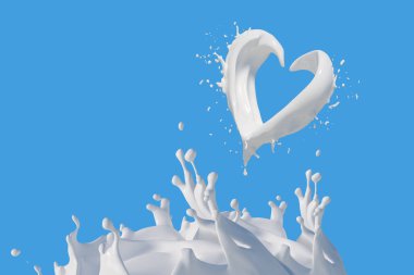 Süt kalp ve sıçramalar, damlalar ve lekeler mavi arkaplanda