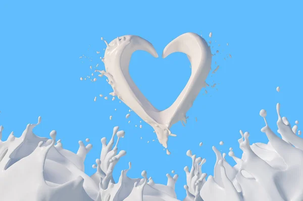 Milk Heart Splashes Drops Blots Blue Background — Stock Photo, Image