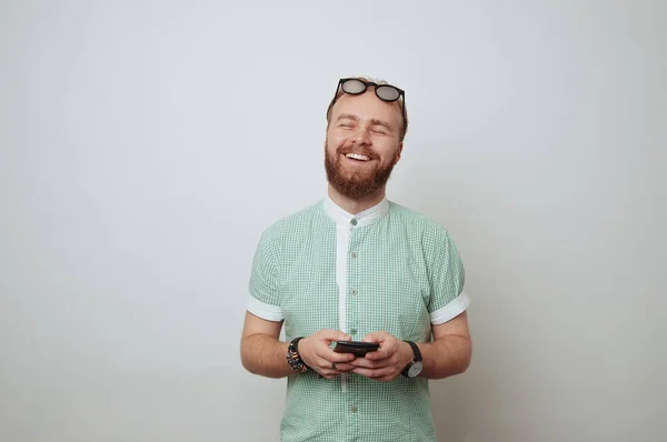Happy Man Beard Using Phone — Stock Photo, Image
